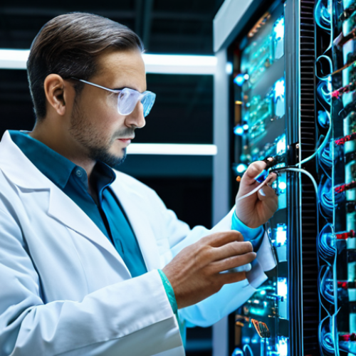Home 9 **
A scientist in a lab coat, fully clothed, working with quantum computing hardware. The background shows complex circuits and glowing lights. Focus on the intricacy of the equipment. Style: Professional photography, clear details, perfect anatomy, appropriate content, safe for work, professional setting.
**