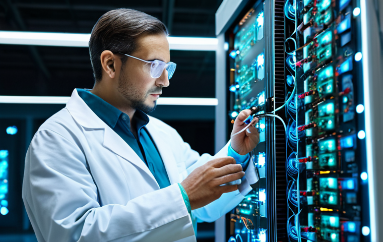 **
A scientist in a lab coat, fully clothed, working with quantum computing hardware. The background shows complex circuits and glowing lights. Focus on the intricacy of the equipment. Style: Professional photography, clear details, perfect anatomy, appropriate content, safe for work, professional setting.
**