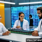 양자 알고리즘의 실용적 적용 - A futuristic Brazilian technology lab with diverse scientists and engineers collaborating on quantum...