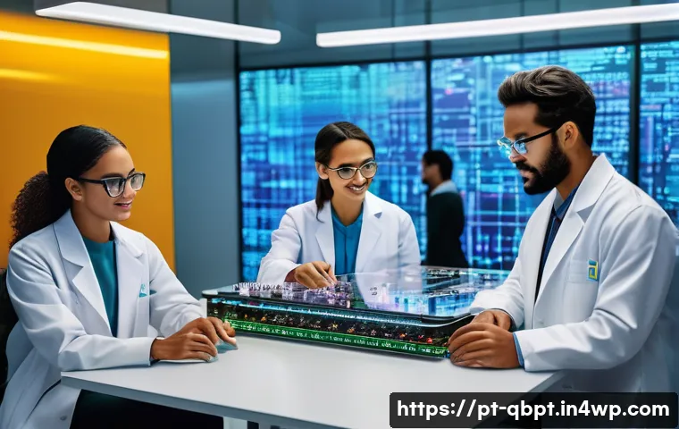 양자 알고리즘의 실용적 적용 - A futuristic Brazilian technology lab with diverse scientists and engineers collaborating on quantum...