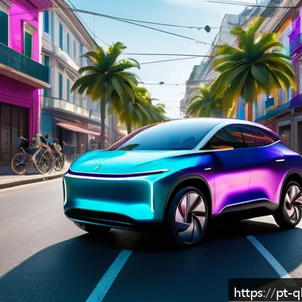 양자 기술을 통한 자율주행차의 발전 - A futuristic autonomous electric car driving through a busy Brazilian city street, showcasing advanc...