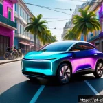 양자 기술을 통한 자율주행차의 발전 - A futuristic autonomous electric car driving through a busy Brazilian city street, showcasing advanc...