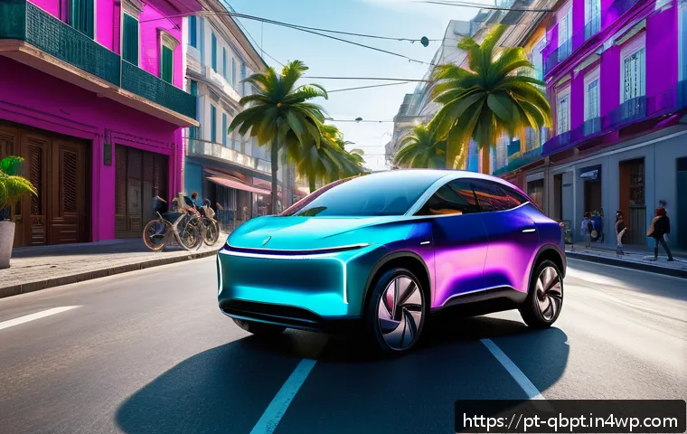 양자 기술을 통한 자율주행차의 발전 - A futuristic autonomous electric car driving through a busy Brazilian city street, showcasing advanc...